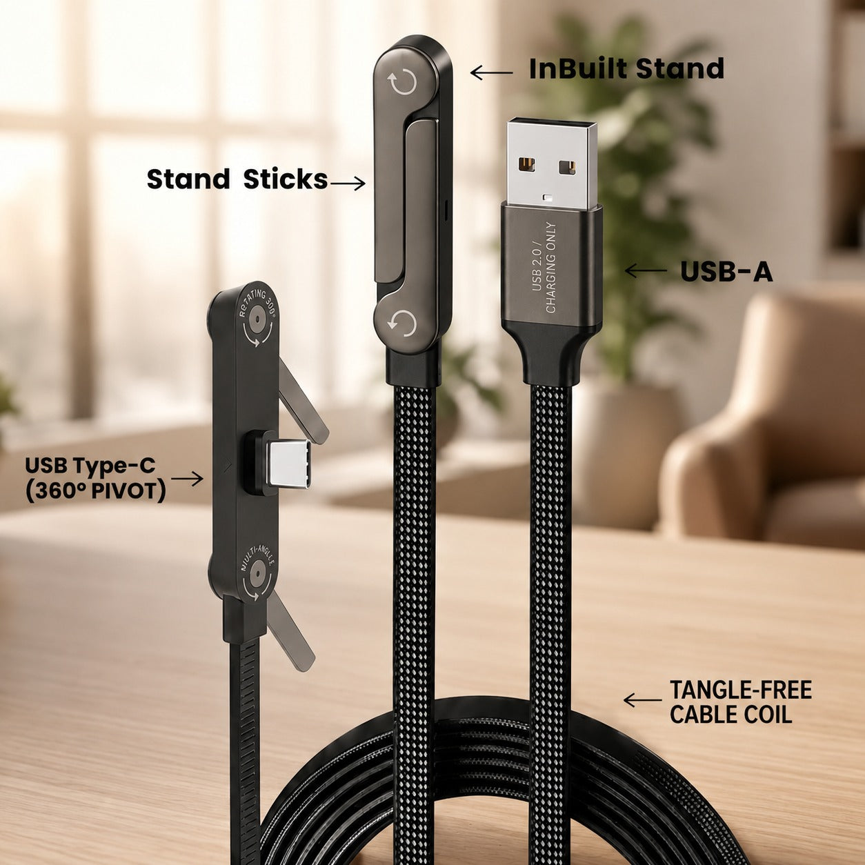 240W Ultra-Fast USB-C Charging Cable with Built-in Foldable Stand