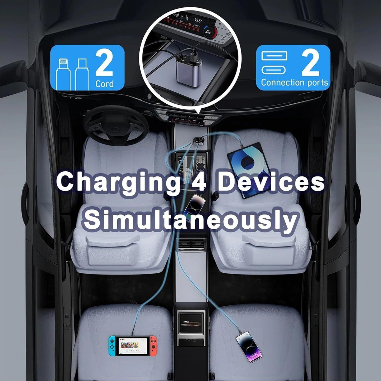 4 in 1 Retractable Car Charger With 120w Fast Charging